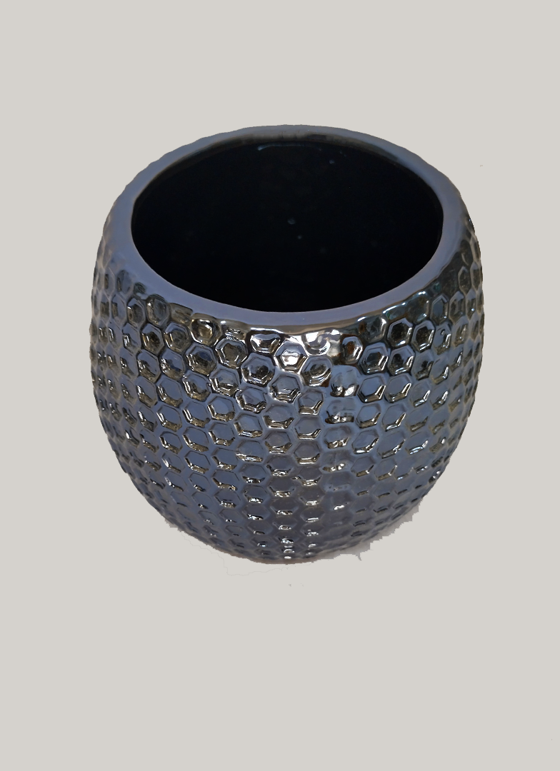 Honeycomb Textured Ceramic Vase – Polished Chrome Silver (16.5cm)
