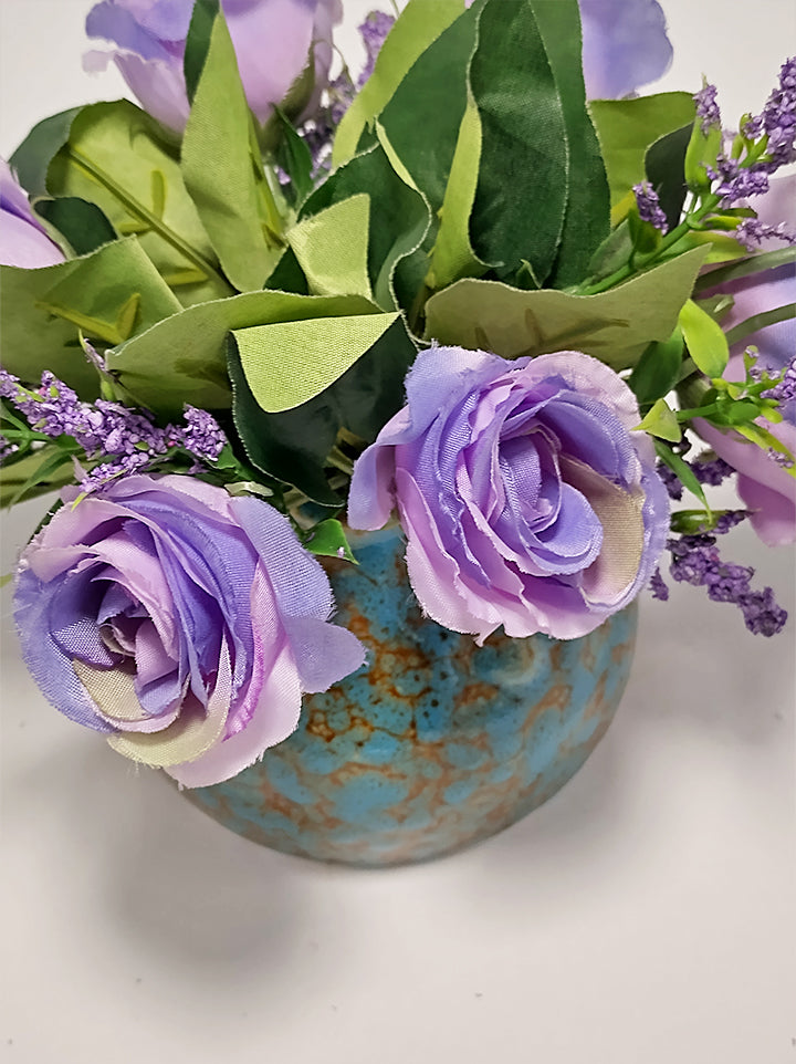 Purple Roses in Bluish Vase - 9.5cm