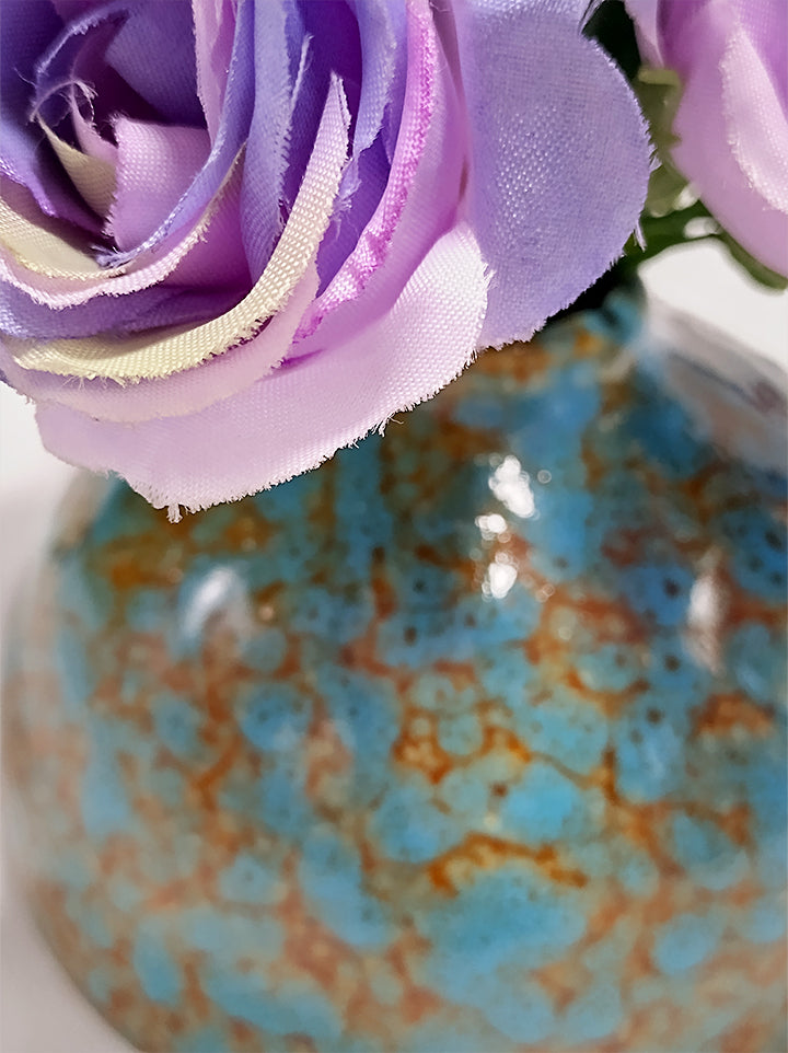 Purple Roses in Bluish Vase - 9.5cm