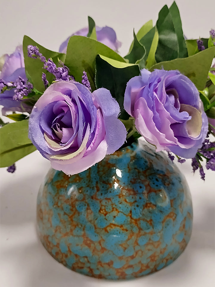 Purple Roses in Bluish Vase - 9.5cm