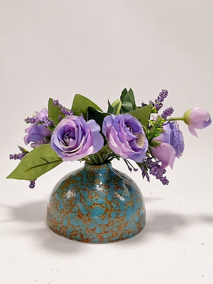 Purple Roses in Bluish Vase - 9.5cm