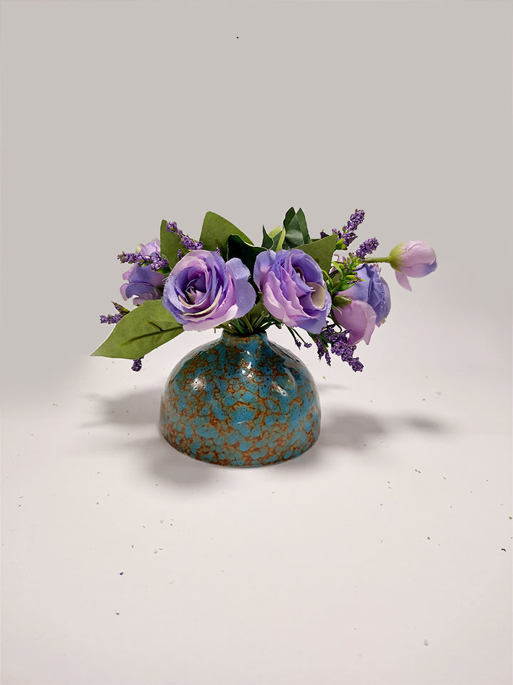 Purple Roses in Bluish Vase - 9.5cm
