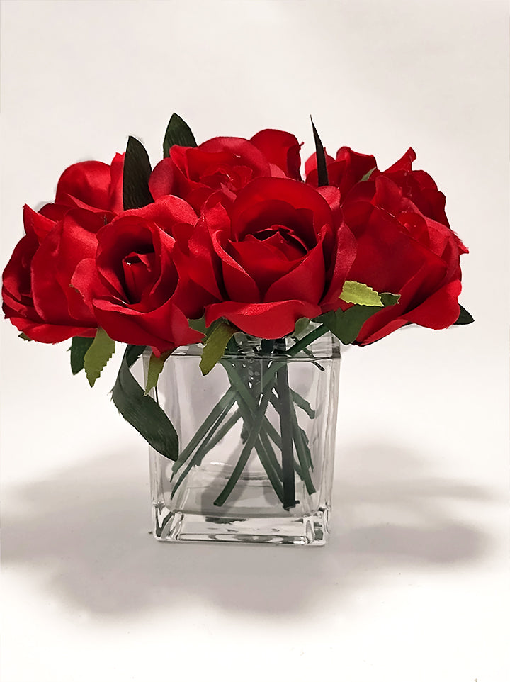 Red Roses in Glass Square Vase