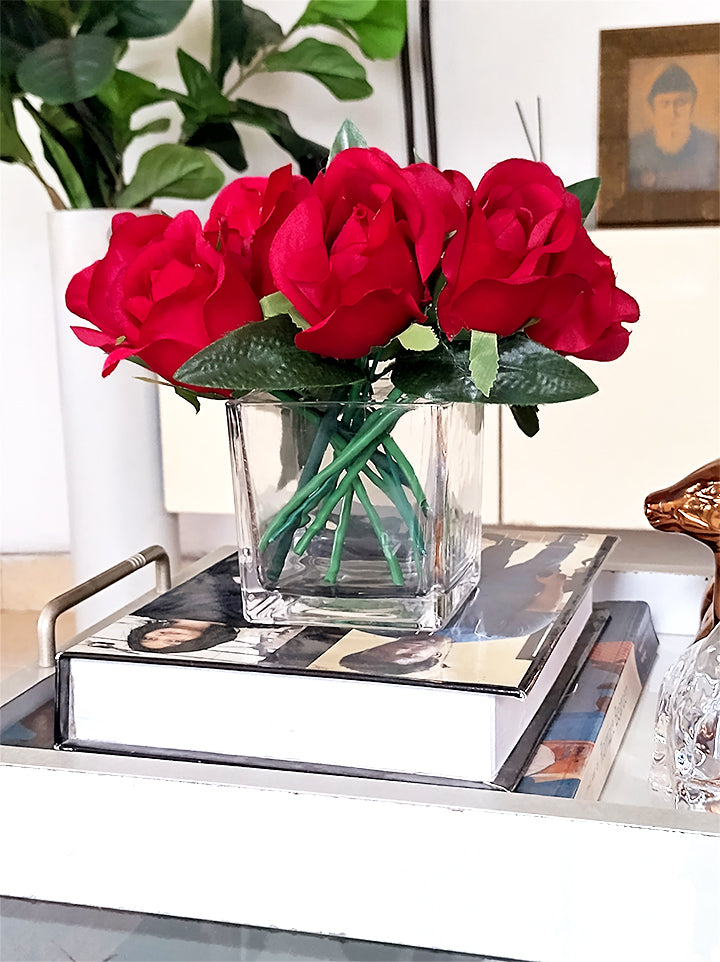 Red Roses in Glass Square Vase