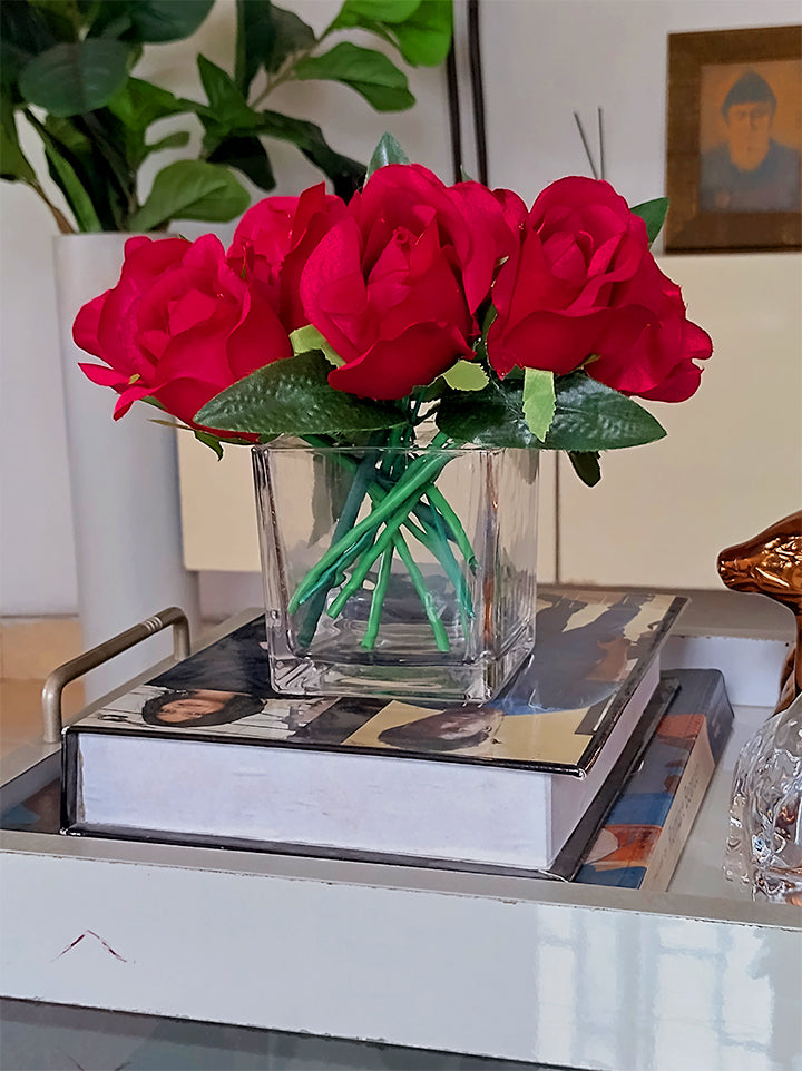Red Roses in Glass Square Vase