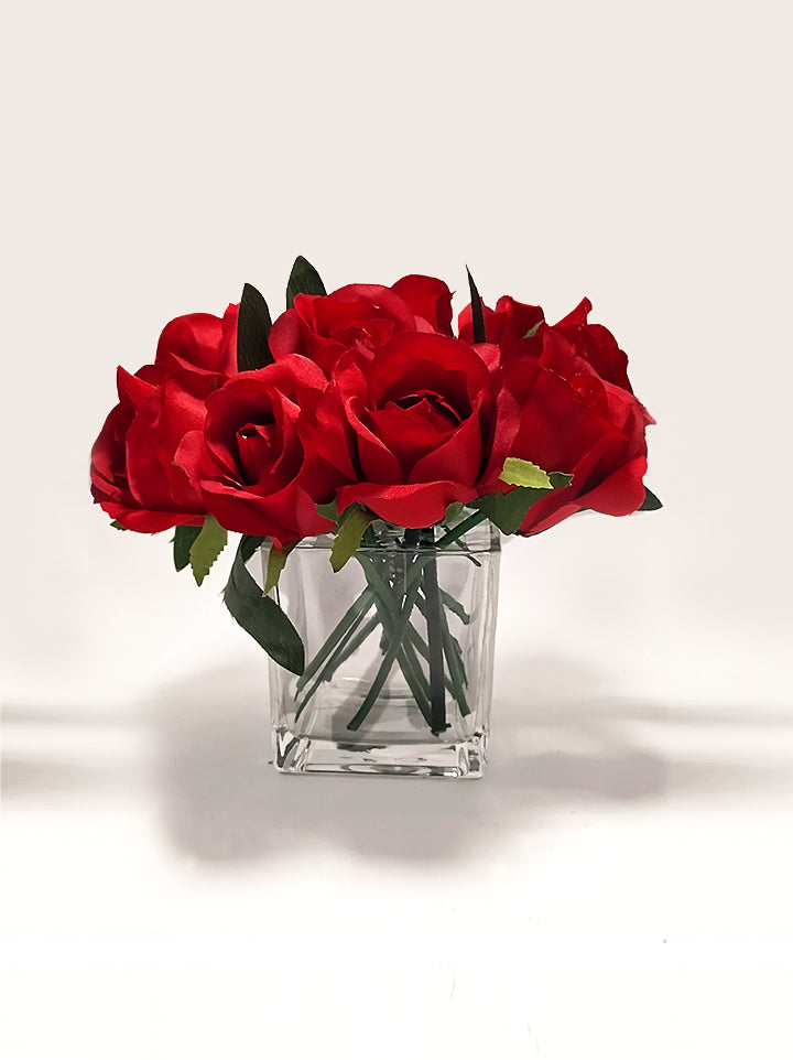 Red Roses in Glass Square Vase