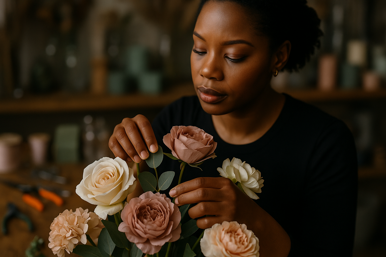 Let the background be a bit blurred, like depth of field. Like the photo was taken with a DSLR camera.