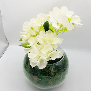 White Flower & Moss Arrangement in Round Glass Vase