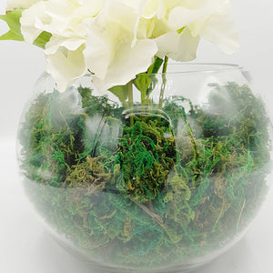White Flower & Moss Arrangement in Round Glass Vase