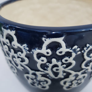 Dark Navy Blue Vase with White Detailing - Ceramic