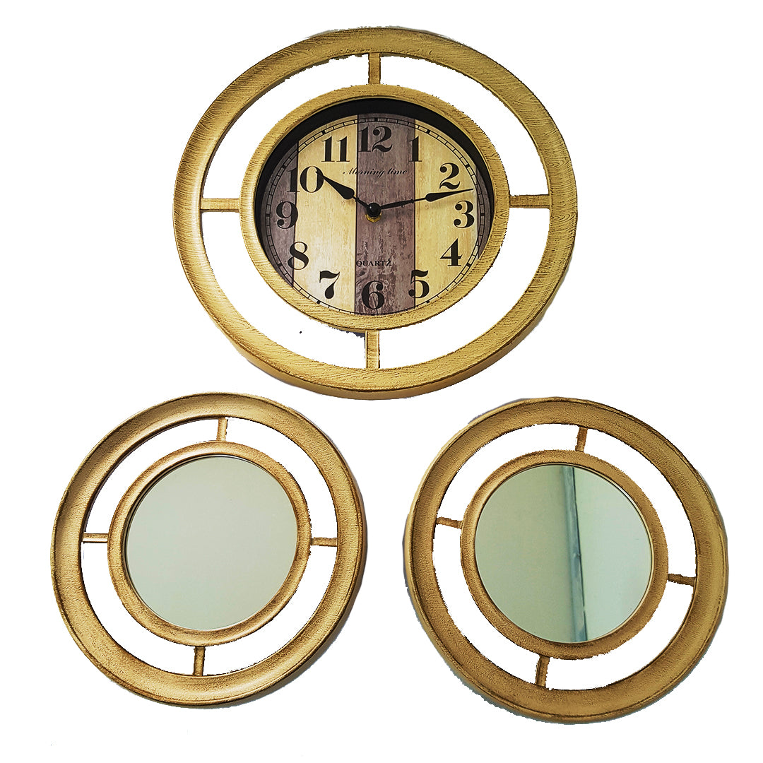 Gold Mirrors, Clock Decor Set - (3-in-1)
