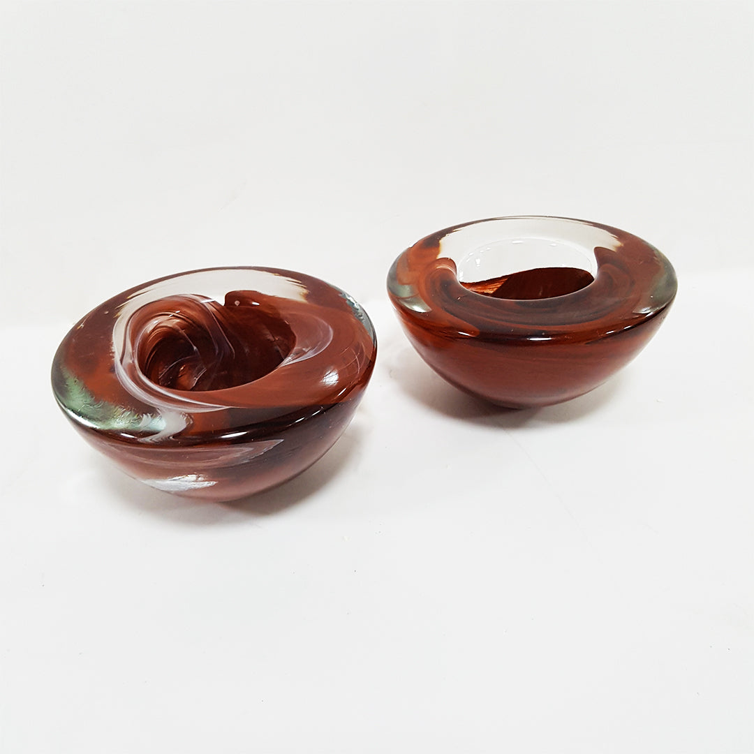 Pair of Brown Glass Tea Light Candle Holders Heavy
