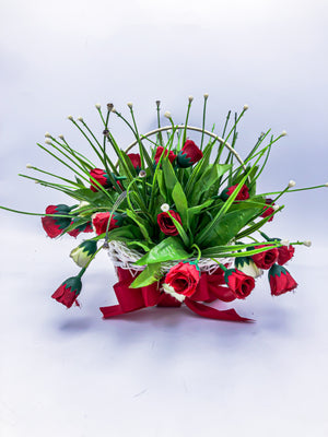 Small White Basket of Flowers - White & Red Flowers