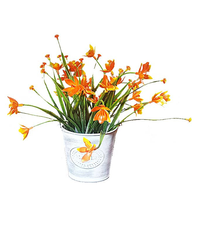 Flowers in Tin Bucket Vase - Orange Flowers