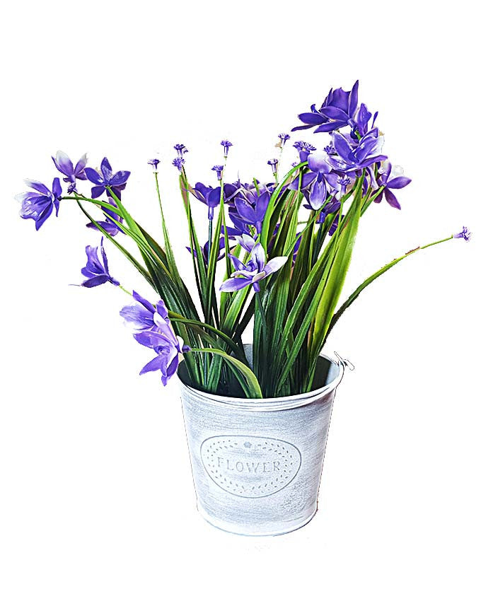 Flowers in Tin Bucket Vase - Purple Flowers